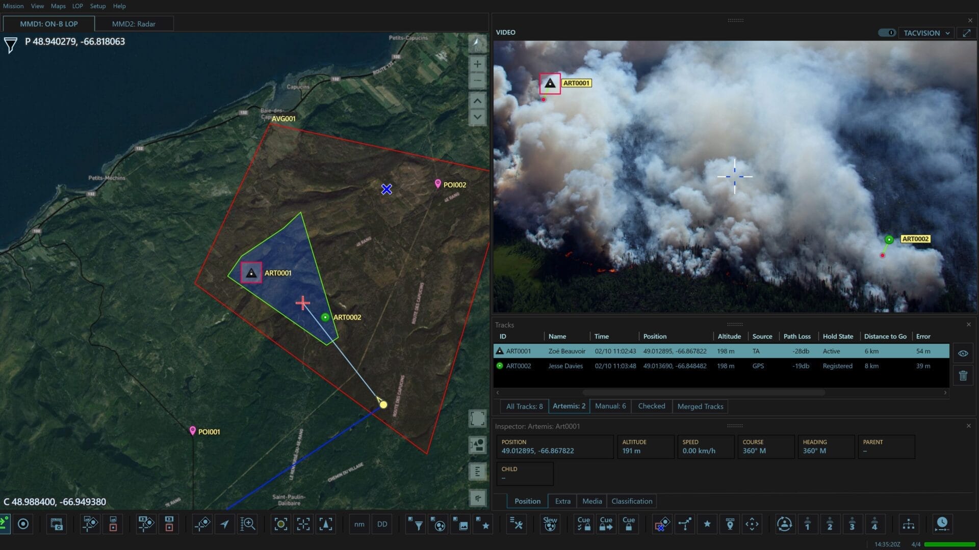 Screenshot of AIMS-ISR software showing SAR within forest fire via Smith Myers Artemis tracker