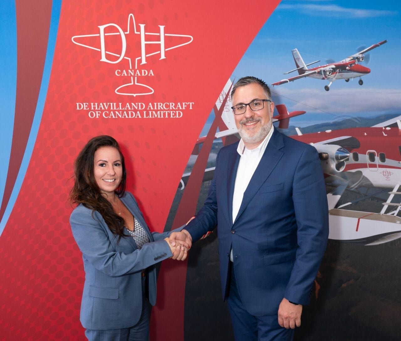 Pictured left to right: Cynthia Ballesteros, PAL Aerospace Sr. Director of BD with Jean-Philippe Côté, De Havilland Aircraft of Canada Vice President of Programs and Business Improvement